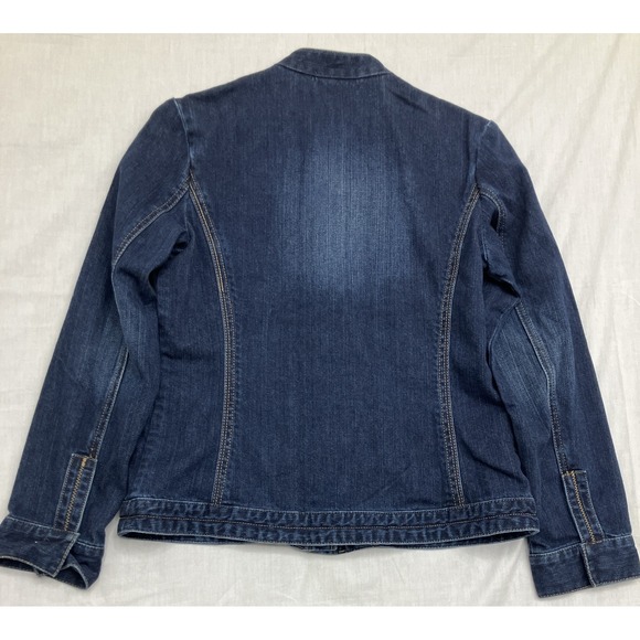 CHICO'S PLATINUM Denim Jean Jacket Blue Ruffle Detail Sz 0 - Picture 2 of 9
